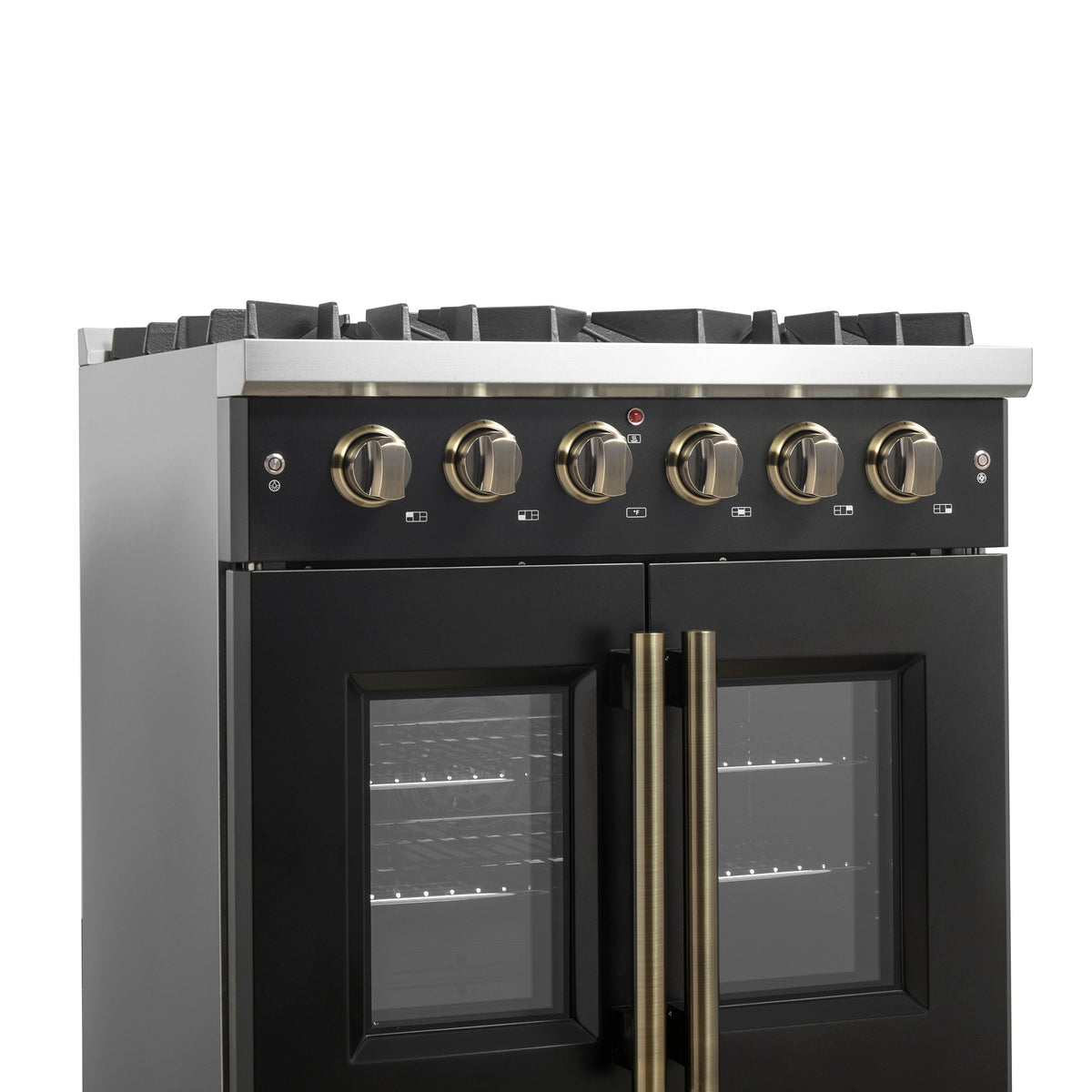 Forno Galiano 30-Inch Gas Range, 4.32 cu. ft. French Door Oven, 5 Sealed Burners, Black with Antique Brass Accents (Model FFSGS6444-30BLK)