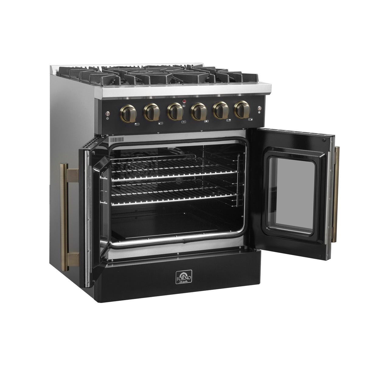 Forno Galiano 30-Inch Gas Range, 4.32 cu. ft. French Door Oven, 5 Sealed Burners, Black with Antique Brass Accents (Model FFSGS6444-30BLK)