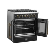 Forno Galiano 30-Inch Gas Range, 4.32 cu. ft. French Door Oven, 5 Sealed Burners, Black with Antique Brass Accents (Model FFSGS6444-30BLK)