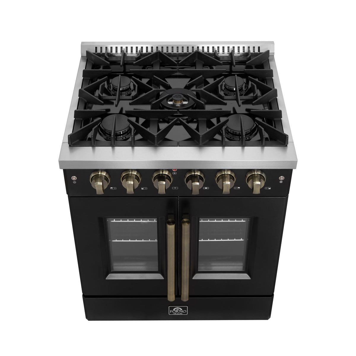 Forno Galiano 30-Inch Gas Range, 4.32 cu. ft. French Door Oven, 5 Sealed Burners, Black with Antique Brass Accents (Model FFSGS6444-30BLK)