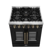 Forno Galiano 30-Inch Gas Range, 4.32 cu. ft. French Door Oven, 5 Sealed Burners, Black with Antique Brass Accents (Model FFSGS6444-30BLK)