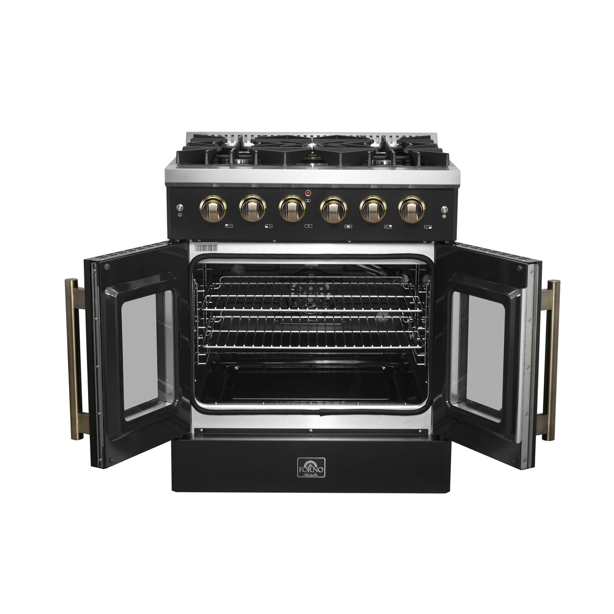 Forno Galiano 30-Inch Gas Range, 4.32 cu. ft. French Door Oven, 5 Sealed Burners, Black with Antique Brass Accents (Model FFSGS6444-30BLK)