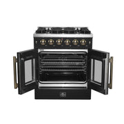 Forno Galiano 30-Inch Gas Range, 4.32 cu. ft. French Door Oven, 5 Sealed Burners, Black with Antique Brass Accents (Model FFSGS6444-30BLK)