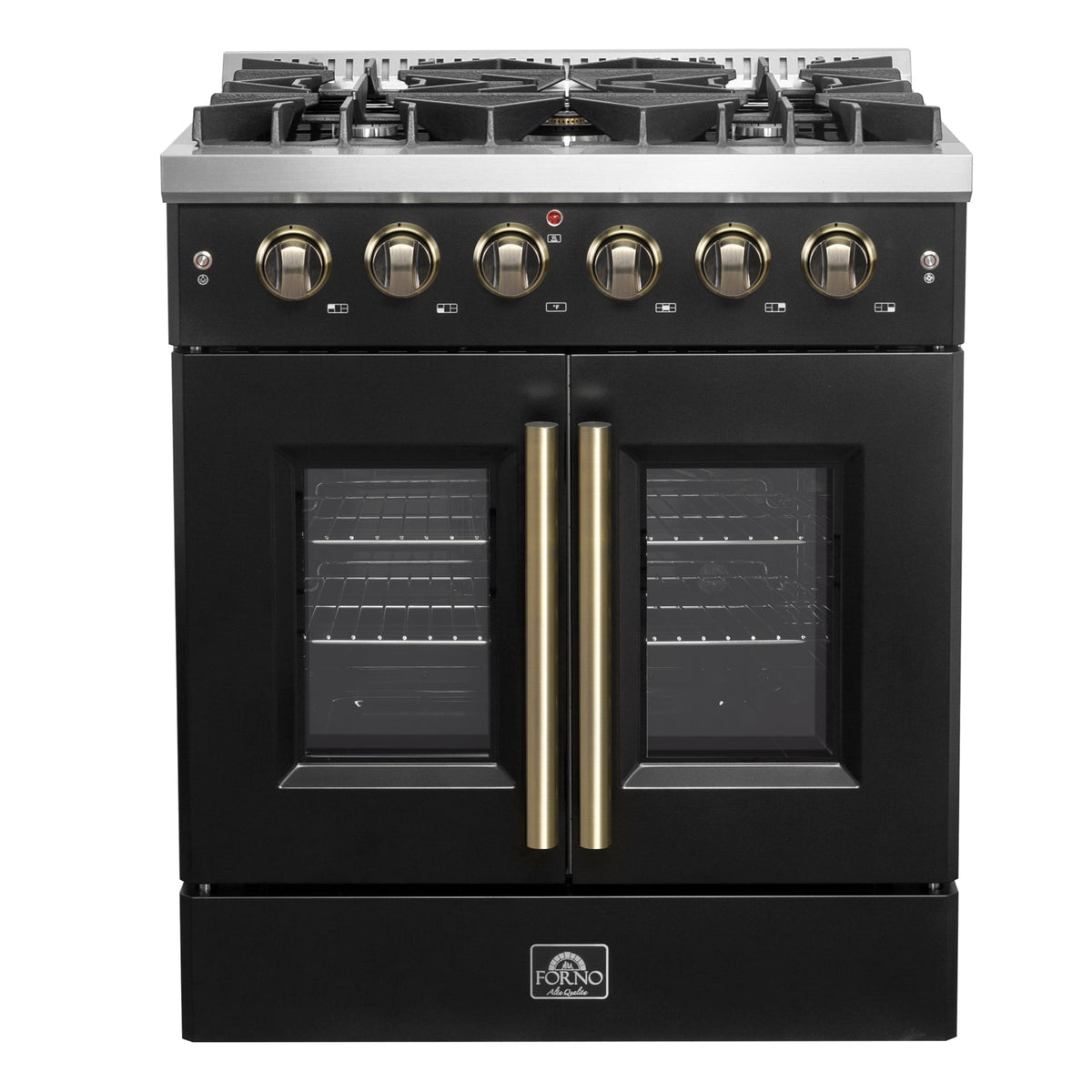 Forno Galiano 30-Inch Gas Range, 4.32 cu. ft. French Door Oven, 5 Sealed Burners, Black with Antique Brass Accents (Model FFSGS6444-30BLK)