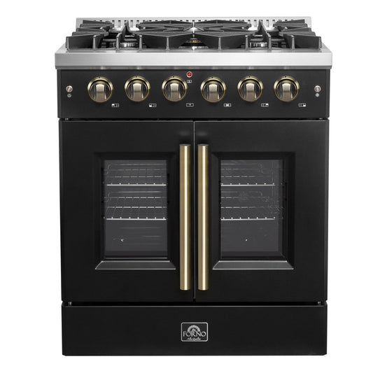 Forno Galiano 30-Inch Gas Range, 4.32 cu. ft. French Door Oven, 5 Sealed Burners, Black with Antique Brass Accents (Model FFSGS6444-30BLK)