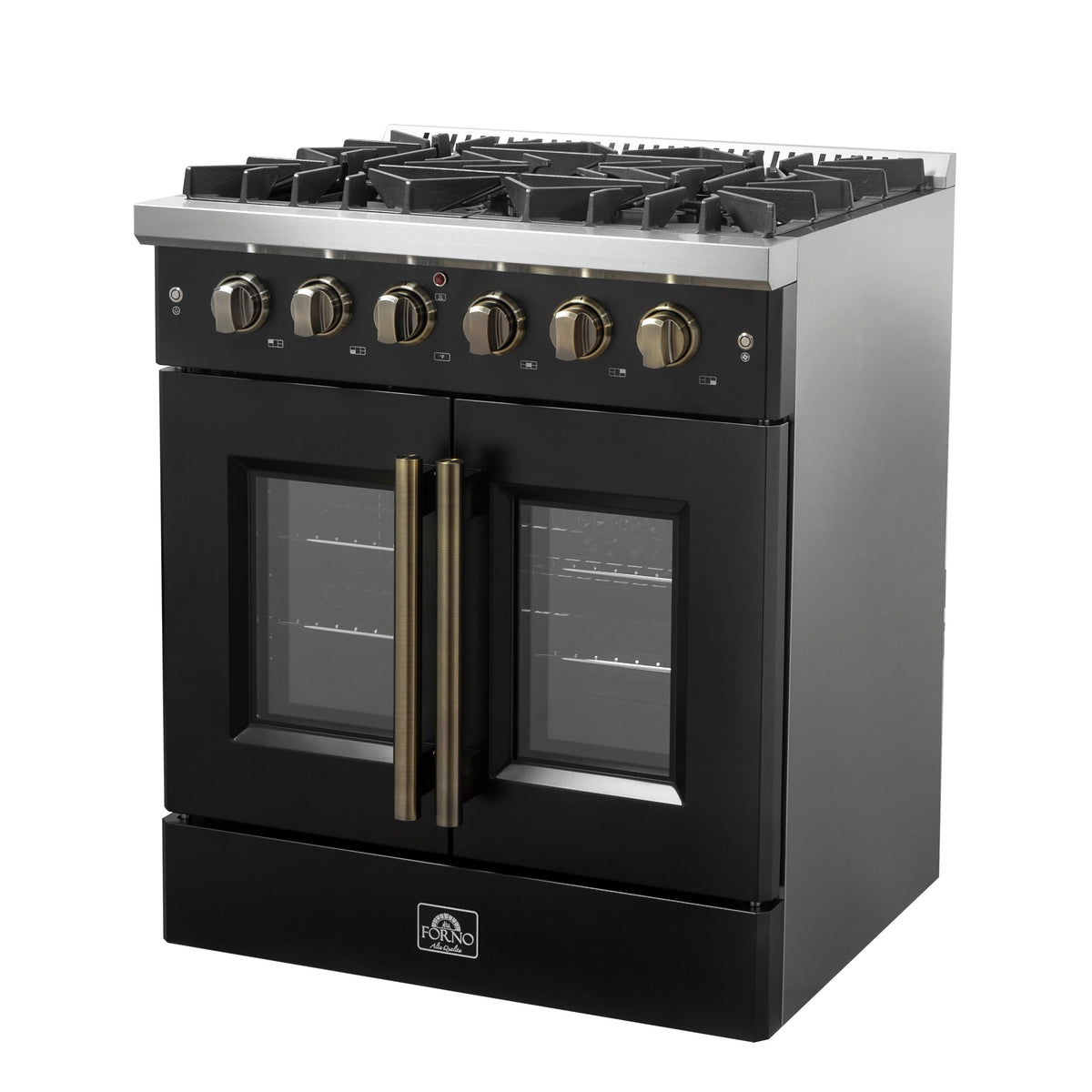 Forno Galiano 30-Inch Gas Range, 4.32 cu. ft. French Door Oven, 5 Sealed Burners, Black with Antique Brass Accents (Model FFSGS6444-30BLK)