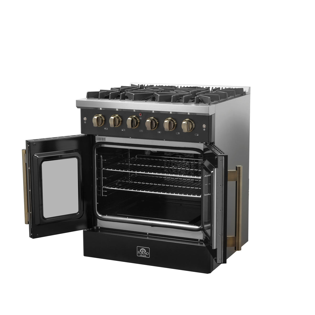 Forno Galiano 30-Inch Gas Range, 4.32 cu. ft. French Door Oven, 5 Sealed Burners, Black with Antique Brass Accents (Model FFSGS6444-30BLK)