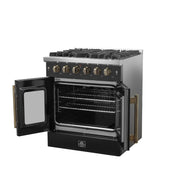 Forno Galiano 30-Inch Gas Range, 4.32 cu. ft. French Door Oven, 5 Sealed Burners, Black with Antique Brass Accents (Model FFSGS6444-30BLK)