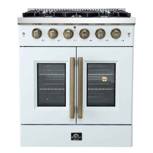 FORNO Galiano 30" French Door Gas Range, 4.32 cu. ft. Oven, 5 Sealed Burners, White Finish with Antique Brass Accents (Model FFSGS6444-30WHT)