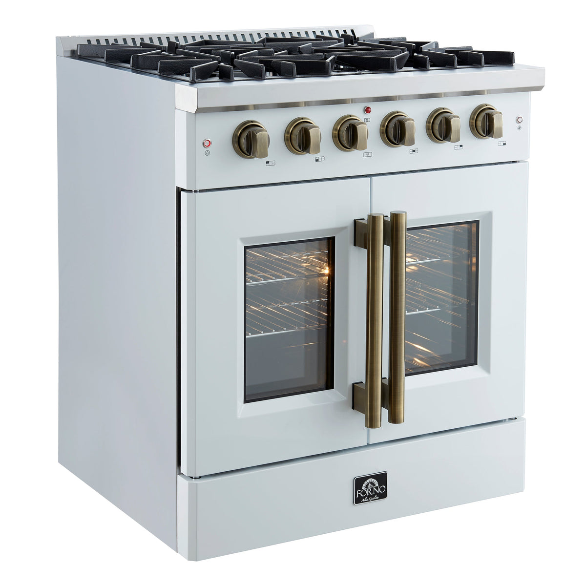 FORNO Galiano 30" French Door Gas Range, 4.32 cu. ft. Oven, 5 Sealed Burners, White Finish with Antique Brass Accents (Model FFSGS6444-30WHT)