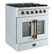 FORNO Galiano 30" French Door Gas Range, 4.32 cu. ft. Oven, 5 Sealed Burners, White Finish with Antique Brass Accents (Model FFSGS6444-30WHT)