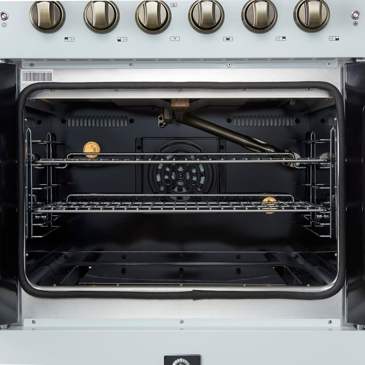 FORNO Galiano 30" French Door Gas Range, 4.32 cu. ft. Oven, 5 Sealed Burners, White Finish with Antique Brass Accents (Model FFSGS6444-30WHT)