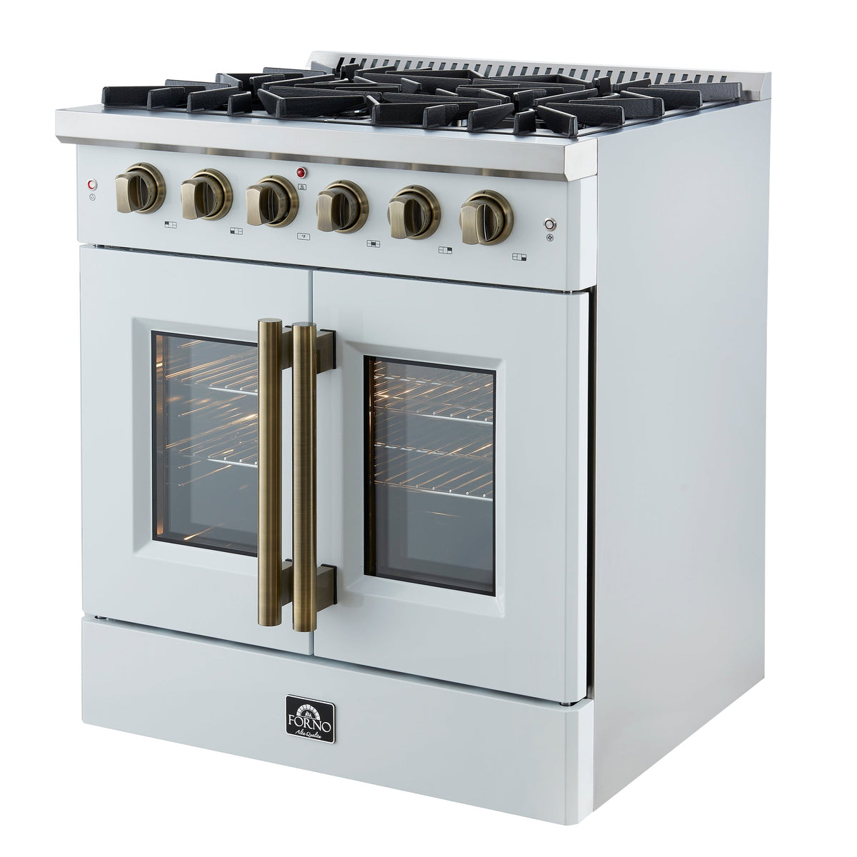 FORNO Galiano 30" French Door Gas Range, 4.32 cu. ft. Oven, 5 Sealed Burners, White Finish with Antique Brass Accents (Model FFSGS6444-30WHT)