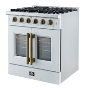 FORNO Galiano 30" French Door Gas Range, 4.32 cu. ft. Oven, 5 Sealed Burners, White Finish with Antique Brass Accents (Model FFSGS6444-30WHT)