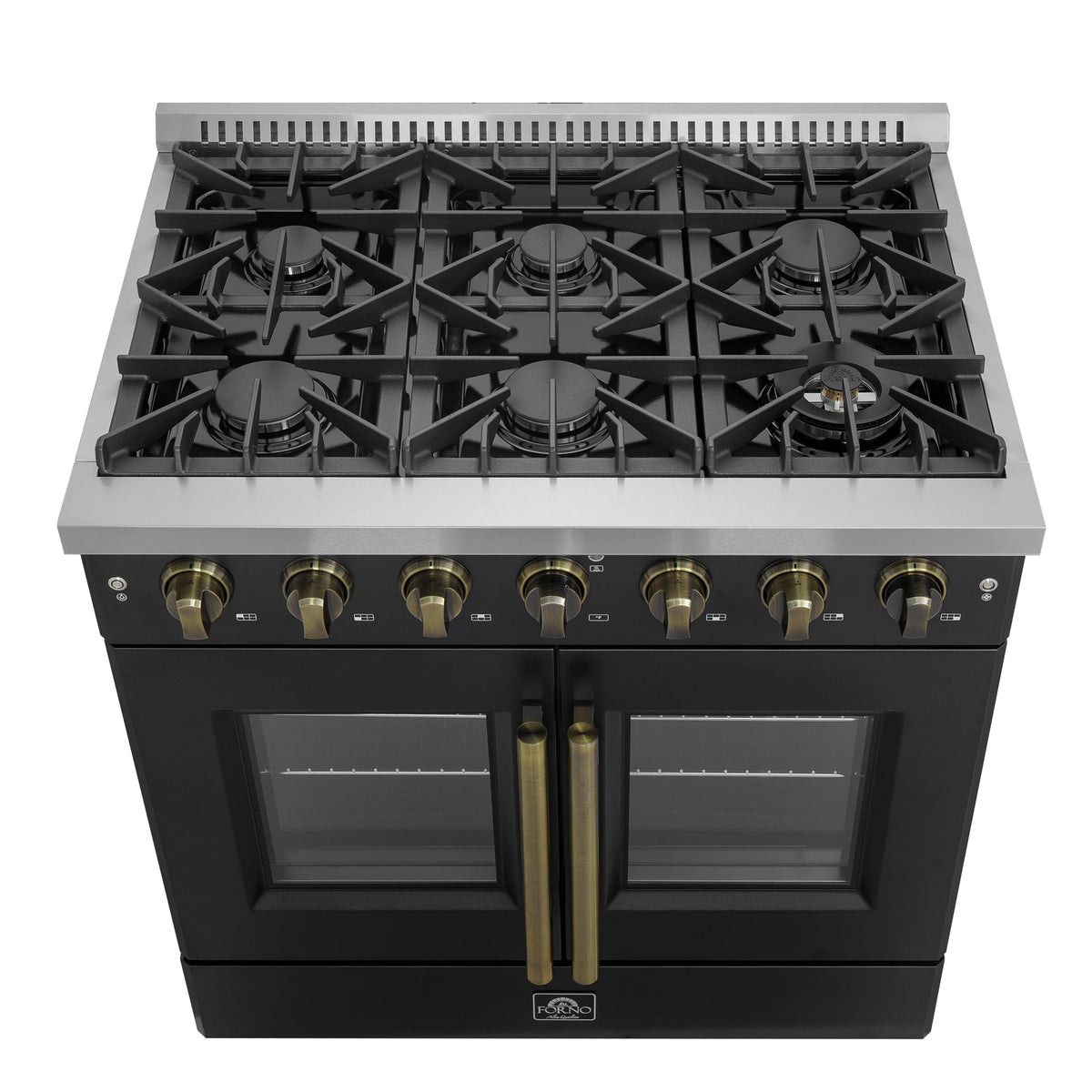 Forno Galiano 36-Inch French Door Gas Range, 5.36 cu. ft. Oven, 6 Sealed Burners, Black with Antique Brass Accents (Model FFSGS6444-36BLK)