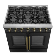 Forno Galiano 36-Inch French Door Gas Range, 5.36 cu. ft. Oven, 6 Sealed Burners, Black with Antique Brass Accents (Model FFSGS6444-36BLK)