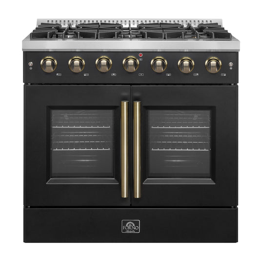 Forno Galiano 36-Inch French Door Gas Range, 5.36 cu. ft. Oven, 6 Sealed Burners, Black with Antique Brass Accents (Model FFSGS6444-36BLK)