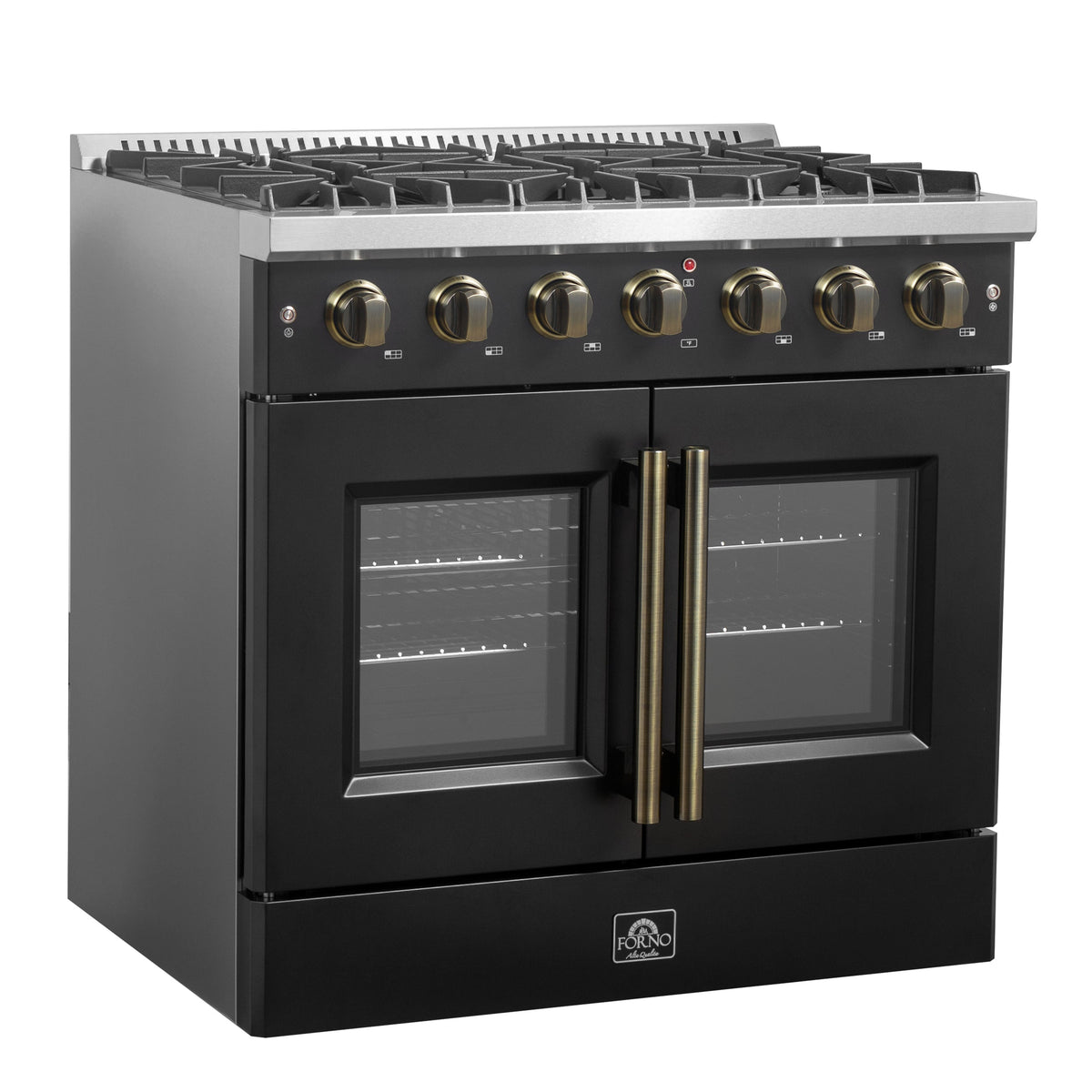Forno Galiano 36-Inch French Door Gas Range, 5.36 cu. ft. Oven, 6 Sealed Burners, Black with Antique Brass Accents (Model FFSGS6444-36BLK)