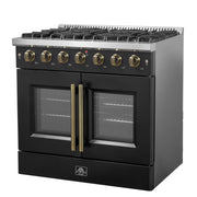 Forno Galiano 36-Inch French Door Gas Range, 5.36 cu. ft. Oven, 6 Sealed Burners, Black with Antique Brass Accents (Model FFSGS6444-36BLK)