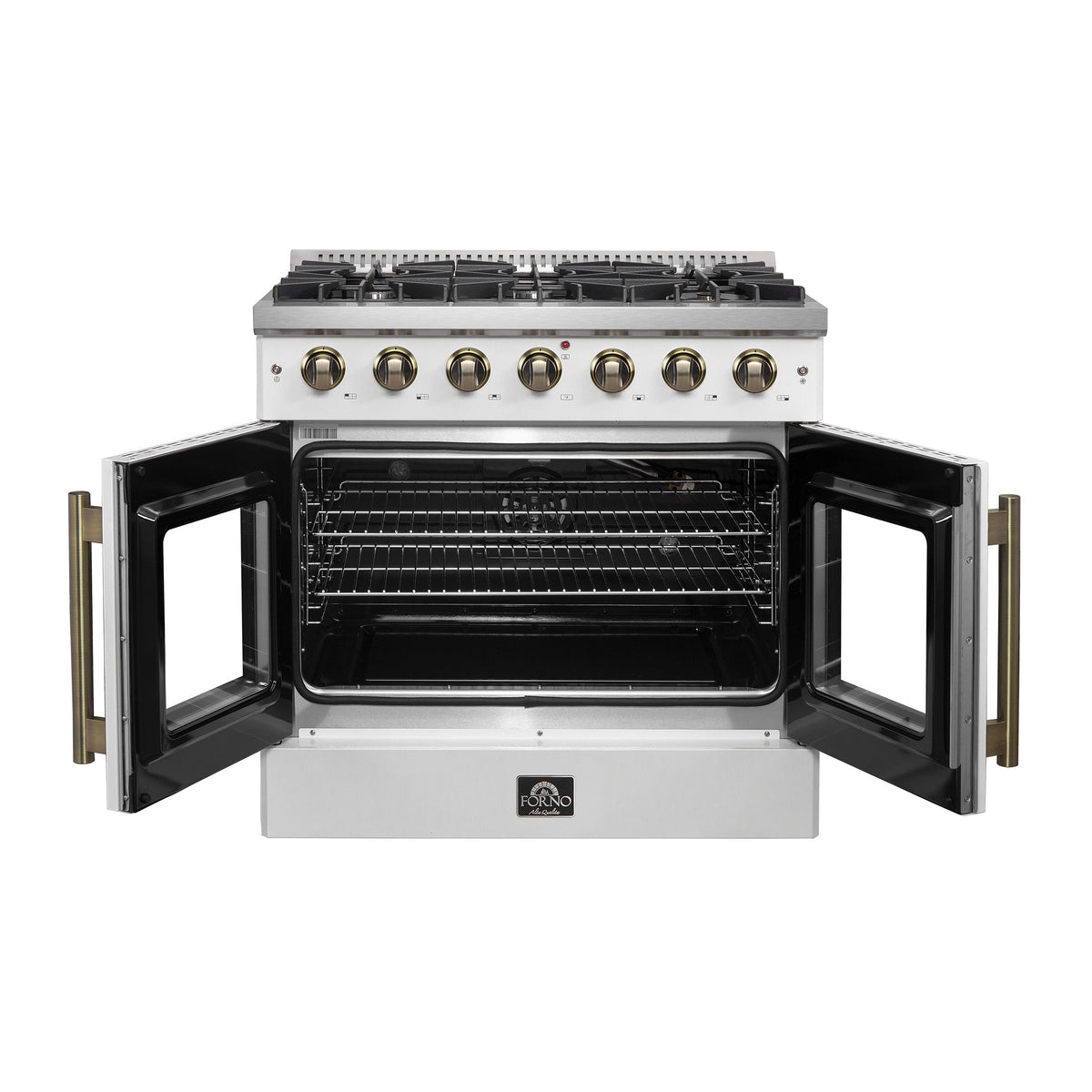 Forno Galiano 36-Inch French Door Gas Range, 5.36 cu. ft. Oven, 6 Sealed Burners, White with Antique Brass Accents (Model FFSGS6444-36WHT)