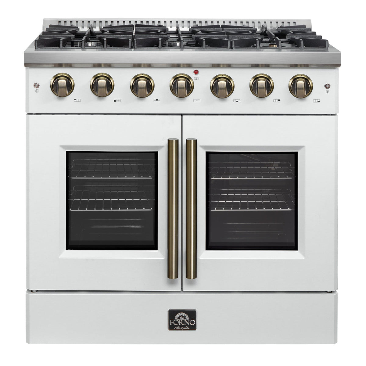 Forno Galiano 36-Inch French Door Gas Range, 5.36 cu. ft. Oven, 6 Sealed Burners, White with Antique Brass Accents (Model FFSGS6444-36WHT)