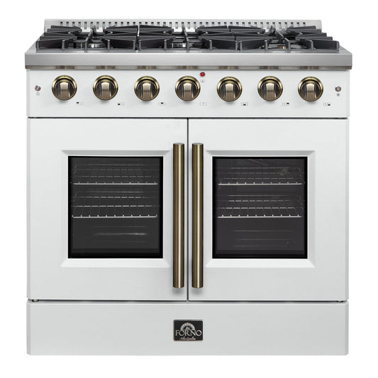 Forno Galiano 36-Inch French Door Gas Range, 5.36 cu. ft. Oven, 6 Sealed Burners, White with Antique Brass Accents (Model FFSGS6444-36WHT)