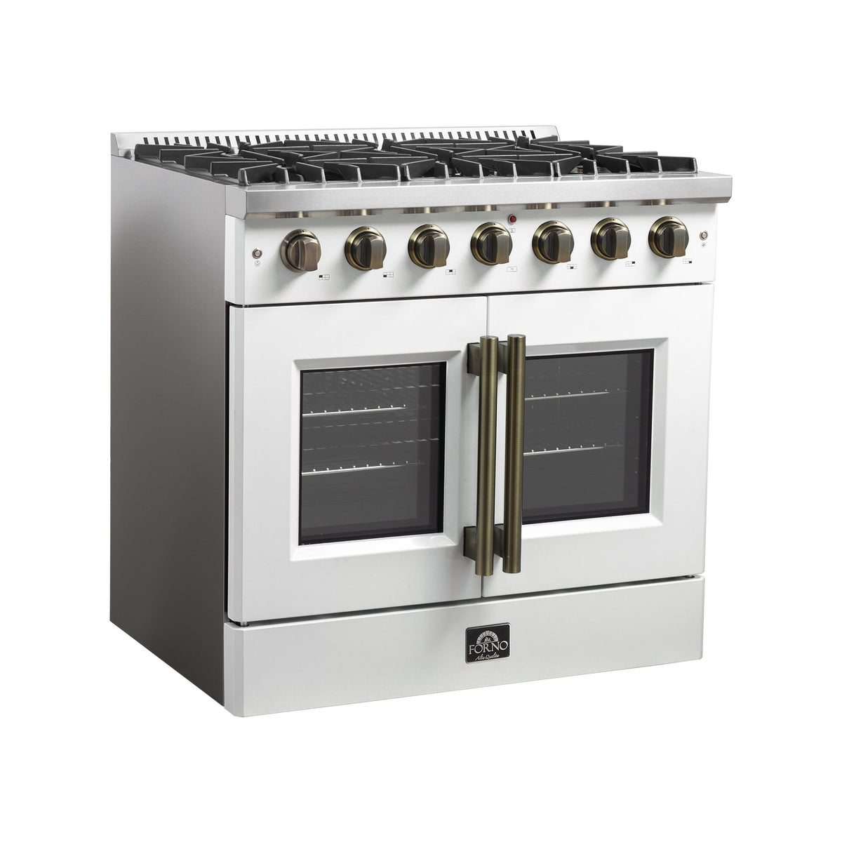 Forno Galiano 36-Inch French Door Gas Range, 5.36 cu. ft. Oven, 6 Sealed Burners, White with Antique Brass Accents (Model FFSGS6444-36WHT)