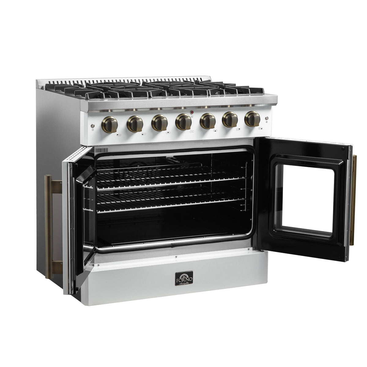 Forno Galiano 36-Inch French Door Gas Range, 5.36 cu. ft. Oven, 6 Sealed Burners, White with Antique Brass Accents (Model FFSGS6444-36WHT)