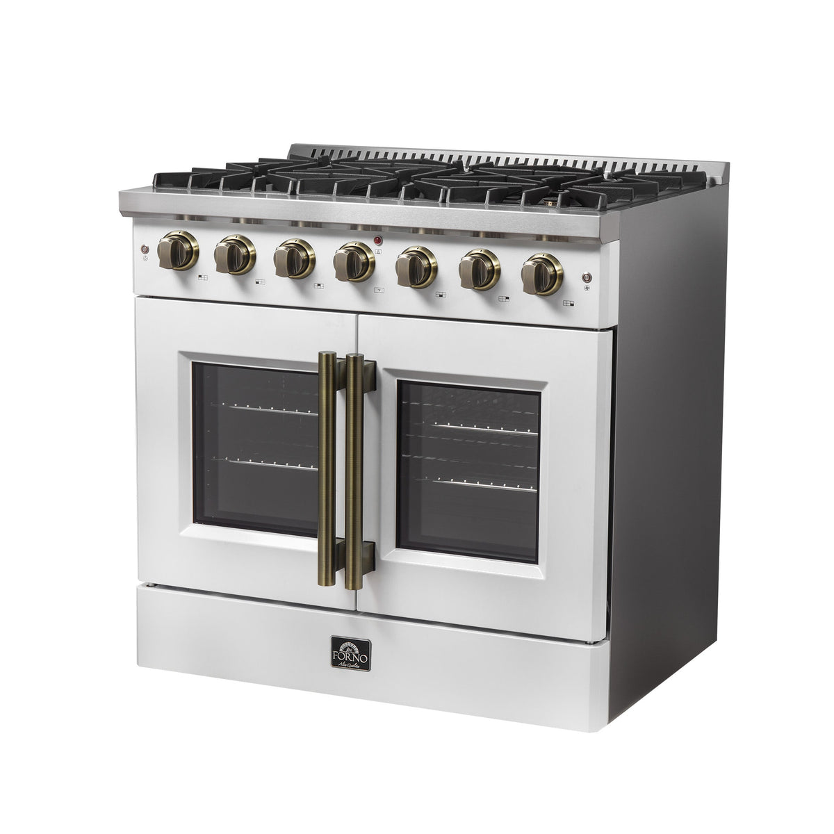 Forno Galiano 36-Inch French Door Gas Range, 5.36 cu. ft. Oven, 6 Sealed Burners, White with Antique Brass Accents (Model FFSGS6444-36WHT)