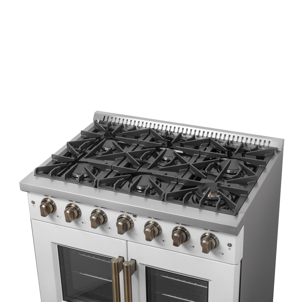 Forno Galiano 36-Inch French Door Gas Range, 5.36 cu. ft. Oven, 6 Sealed Burners, White with Antique Brass Accents (Model FFSGS6444-36WHT)