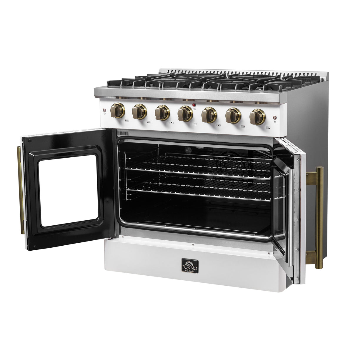 Forno Galiano 36-Inch French Door Gas Range, 5.36 cu. ft. Oven, 6 Sealed Burners, White with Antique Brass Accents (Model FFSGS6444-36WHT)