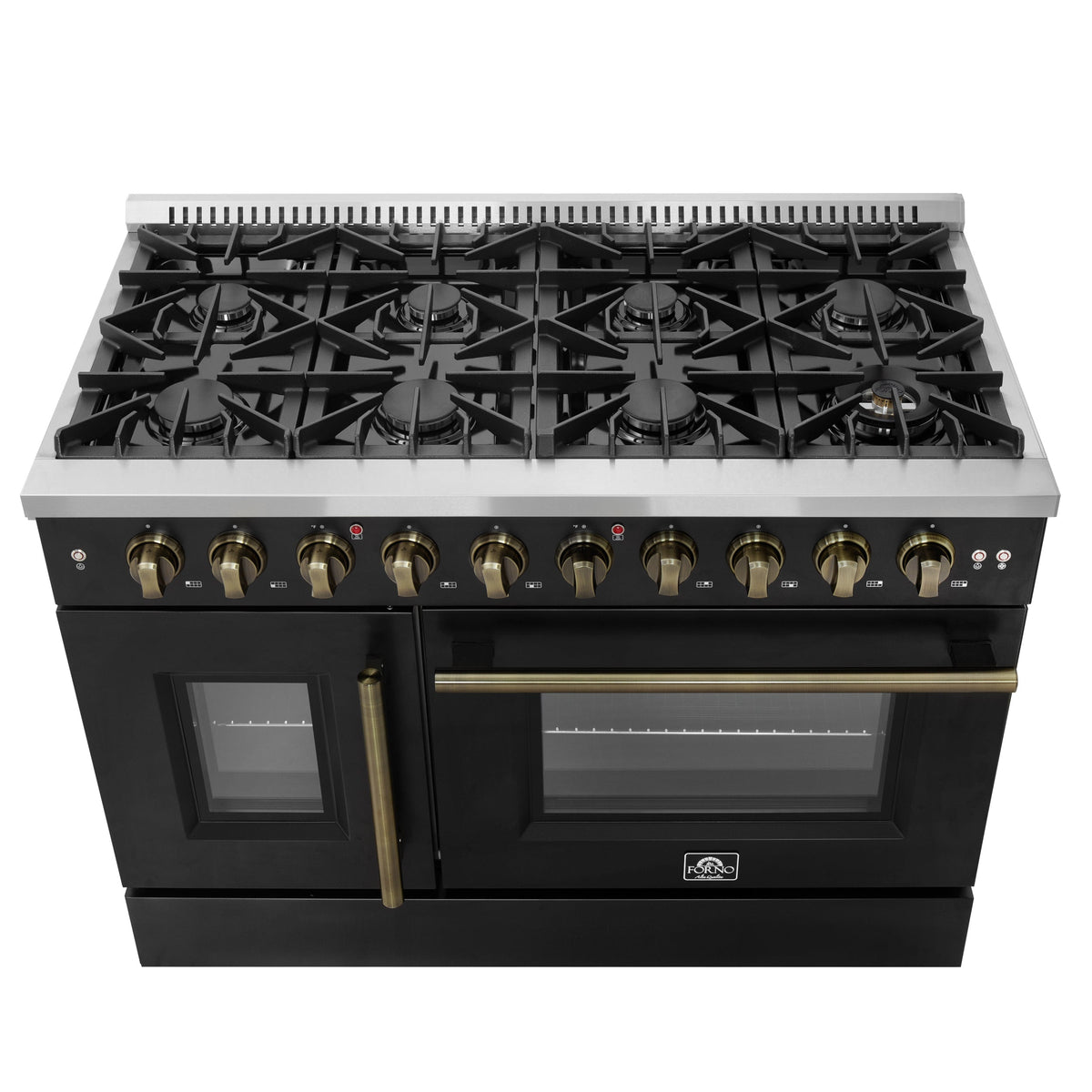 Forno Galiano 48-Inch Gas Range with French Door, 8 Sealed Burners and Griddle, 6.58 cu. ft. Oven, Black with Antique Brass Accents (Model FFSGS6444-48BLK)