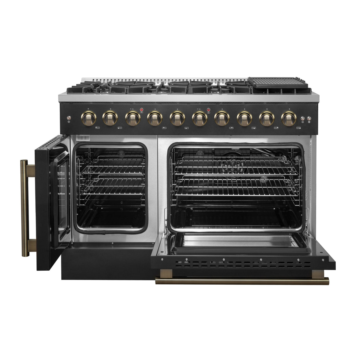 Forno Galiano 48-Inch Gas Range with French Door, 8 Sealed Burners and Griddle, 6.58 cu. ft. Oven, Black with Antique Brass Accents (Model FFSGS6444-48BLK)