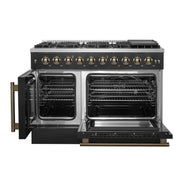 Forno Galiano 48-Inch Gas Range with French Door, 8 Sealed Burners and Griddle, 6.58 cu. ft. Oven, Black with Antique Brass Accents (Model FFSGS6444-48BLK)