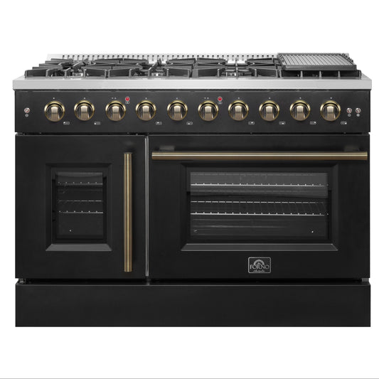 Forno Galiano 48-Inch Gas Range with French Door, 8 Sealed Burners and Griddle, 6.58 cu. ft. Oven, Black with Antique Brass Accents (Model FFSGS6444-48BLK)