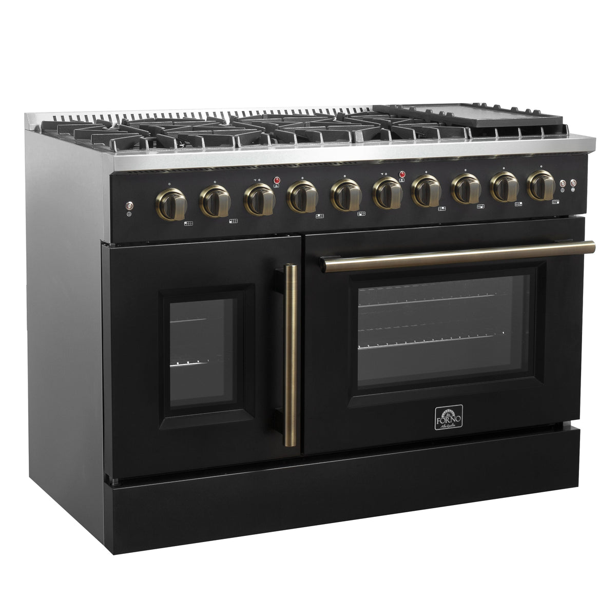 Forno Galiano 48-Inch Gas Range with French Door, 8 Sealed Burners and Griddle, 6.58 cu. ft. Oven, Black with Antique Brass Accents (Model FFSGS6444-48BLK)