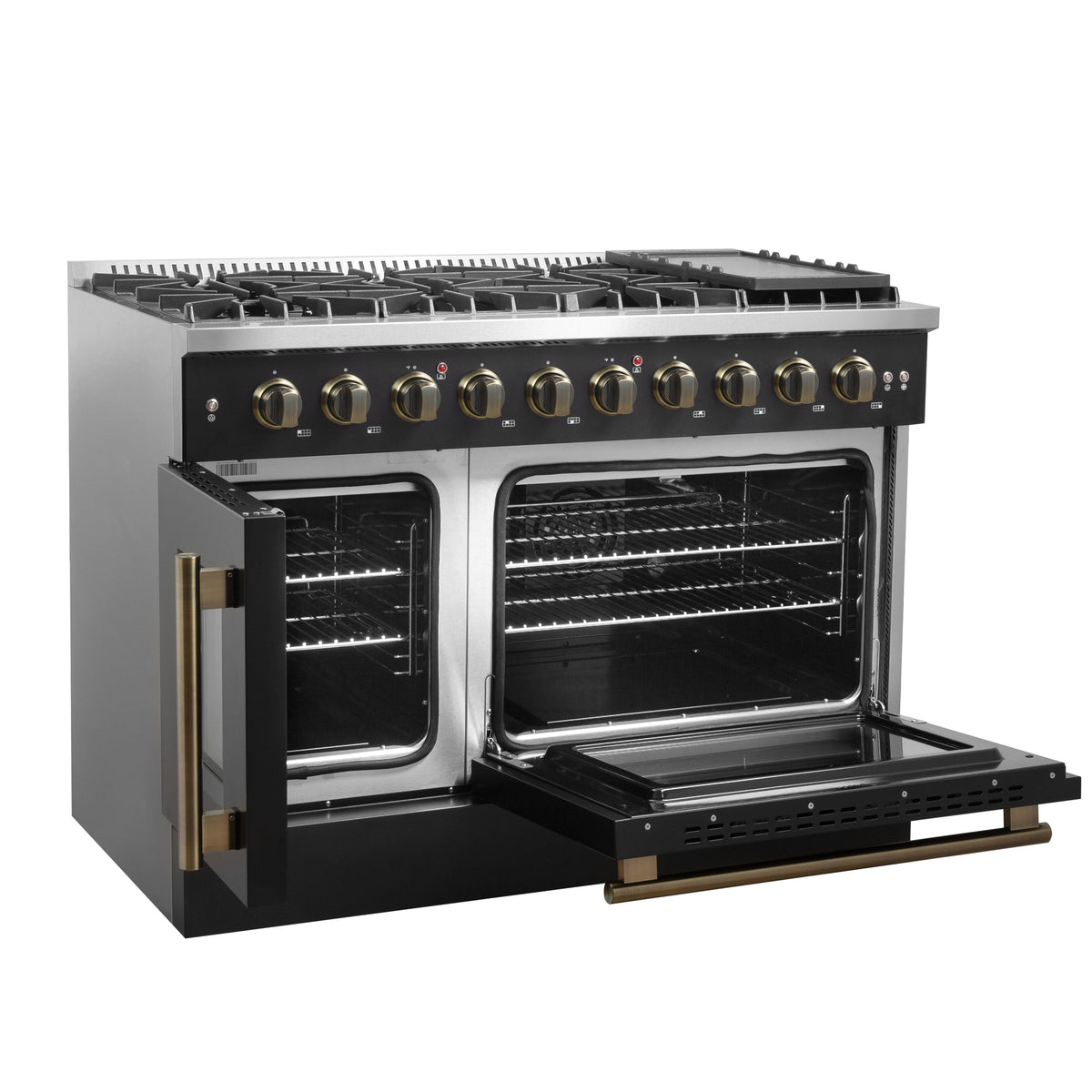 Forno Galiano 48-Inch Gas Range with French Door, 8 Sealed Burners and Griddle, 6.58 cu. ft. Oven, Black with Antique Brass Accents (Model FFSGS6444-48BLK)