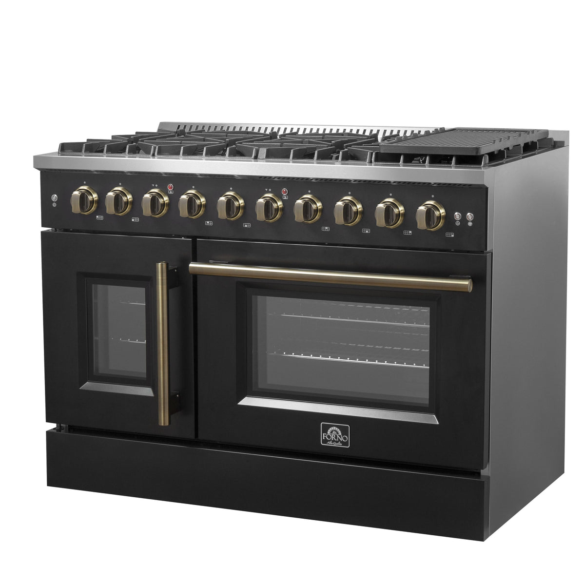 Forno Galiano 48-Inch Gas Range with French Door, 8 Sealed Burners and Griddle, 6.58 cu. ft. Oven, Black with Antique Brass Accents (Model FFSGS6444-48BLK)