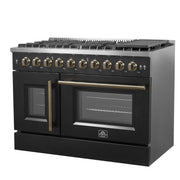 Forno Galiano 48-Inch Gas Range with French Door, 8 Sealed Burners and Griddle, 6.58 cu. ft. Oven, Black with Antique Brass Accents (Model FFSGS6444-48BLK)