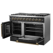 Forno Galiano 48-Inch Gas Range with French Door, 8 Sealed Burners and Griddle, 6.58 cu. ft. Oven, Black with Antique Brass Accents (Model FFSGS6444-48BLK)
