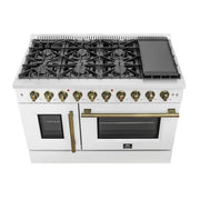 Forno Galiano 48-Inch French Door Gas Range, 6.58 cu. ft., 8 Sealed Burners with Griddle, White with Antique Brass Accents (Model FFSGS6444-48WHT)