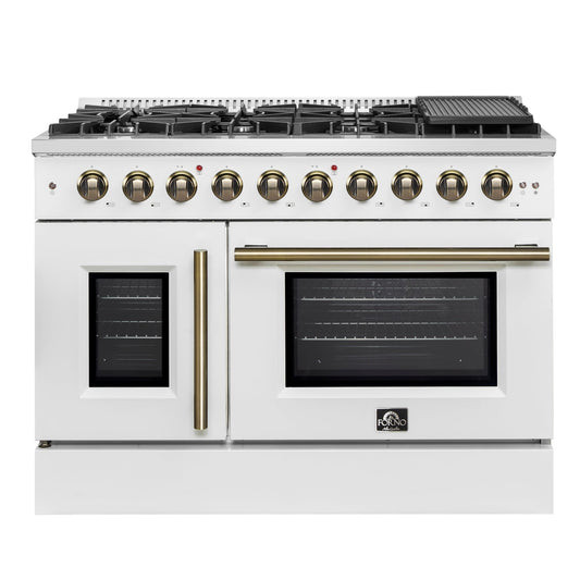 Forno Galiano 48-Inch French Door Gas Range, 6.58 cu. ft., 8 Sealed Burners with Griddle, White with Antique Brass Accents (Model FFSGS6444-48WHT)