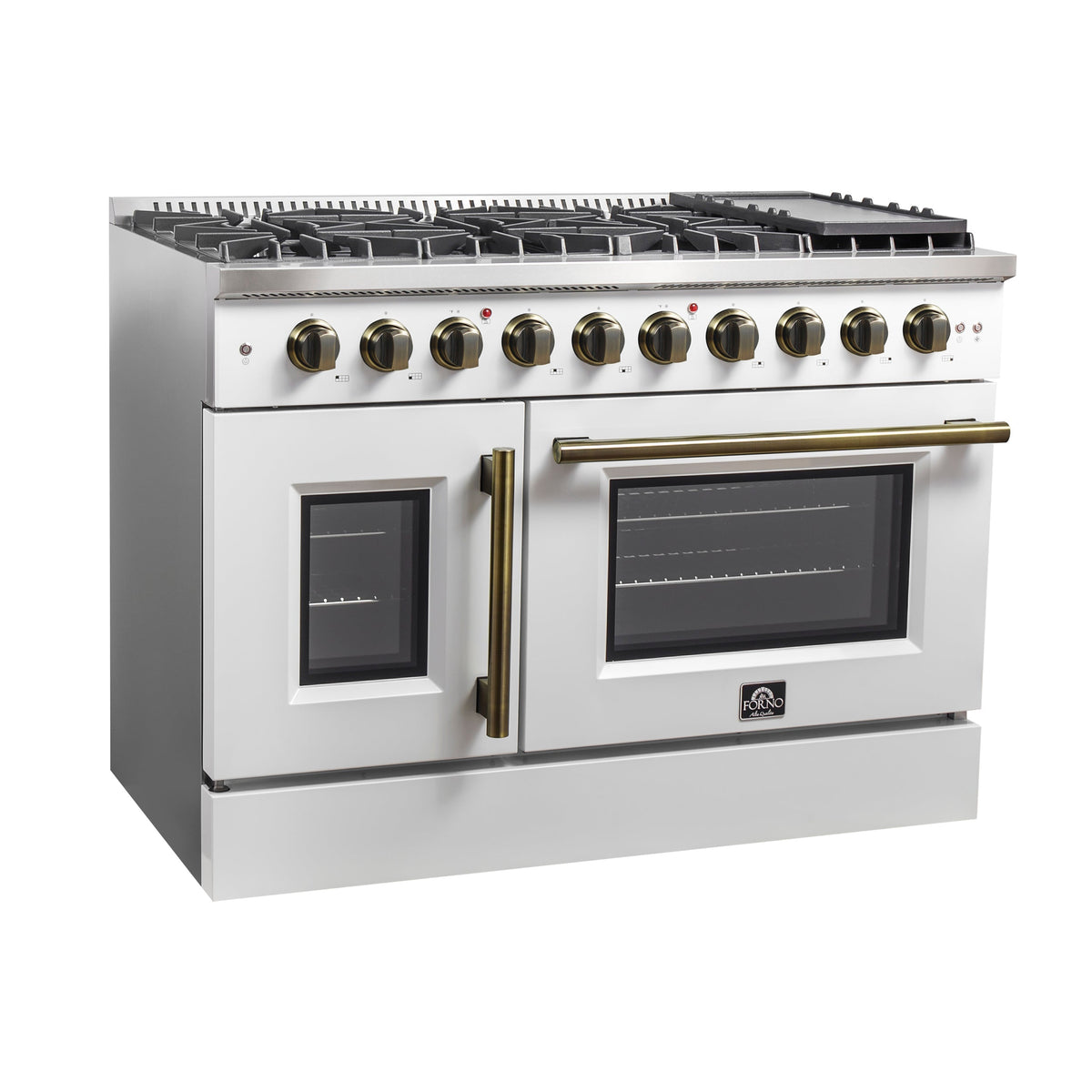 Forno Galiano 48-Inch French Door Gas Range, 6.58 cu. ft., 8 Sealed Burners with Griddle, White with Antique Brass Accents (Model FFSGS6444-48WHT)