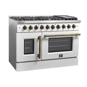 Forno Galiano 48-Inch French Door Gas Range, 6.58 cu. ft., 8 Sealed Burners with Griddle, White with Antique Brass Accents (Model FFSGS6444-48WHT)