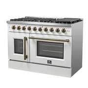 Forno Galiano 48-Inch French Door Gas Range, 6.58 cu. ft., 8 Sealed Burners with Griddle, White with Antique Brass Accents (Model FFSGS6444-48WHT)
