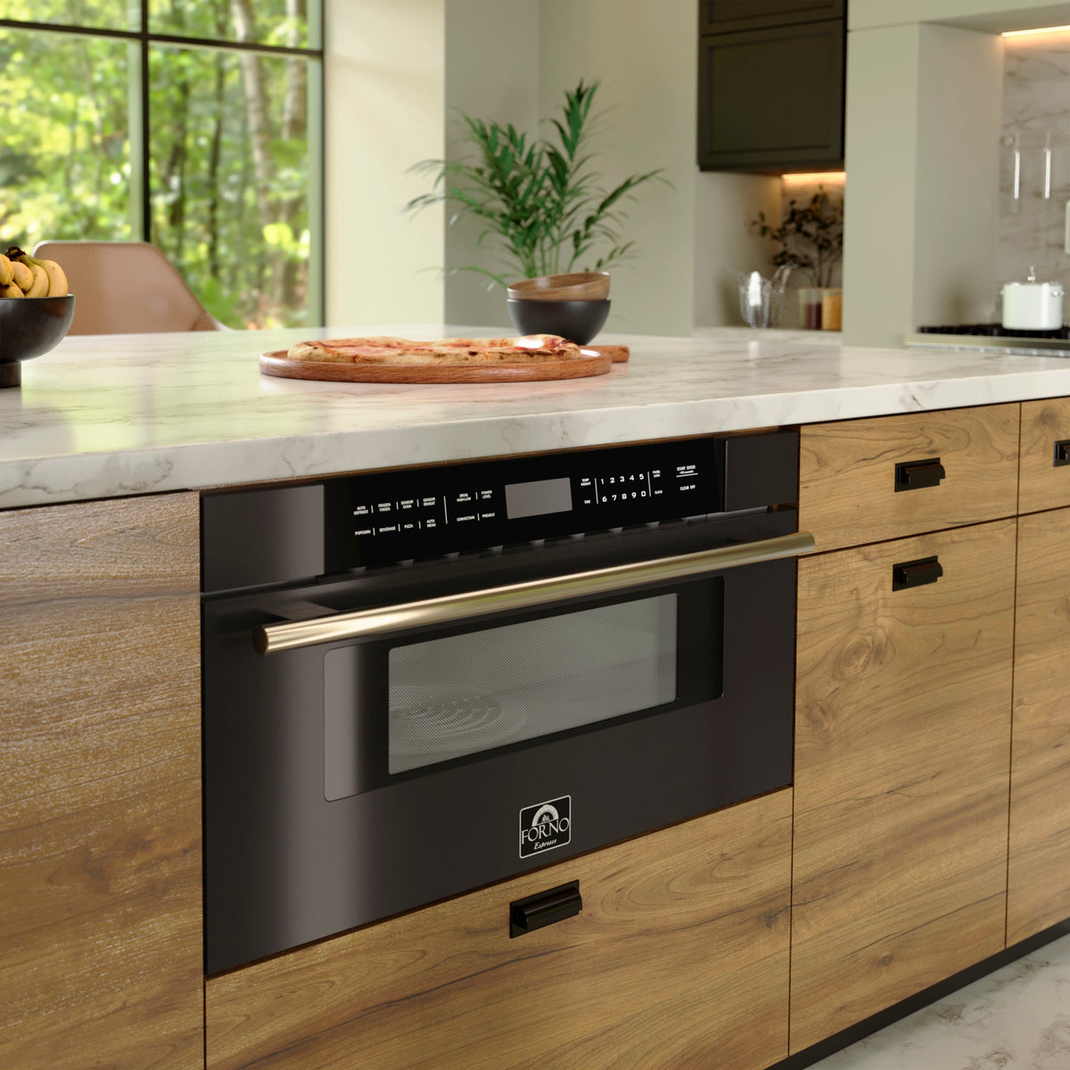 FORNO Capoliveri 30-Inch Built-In Microwave Drawer, 1.2 cu. ft., Black with Antique Brass Handle (FMWDR3000-30BLK)