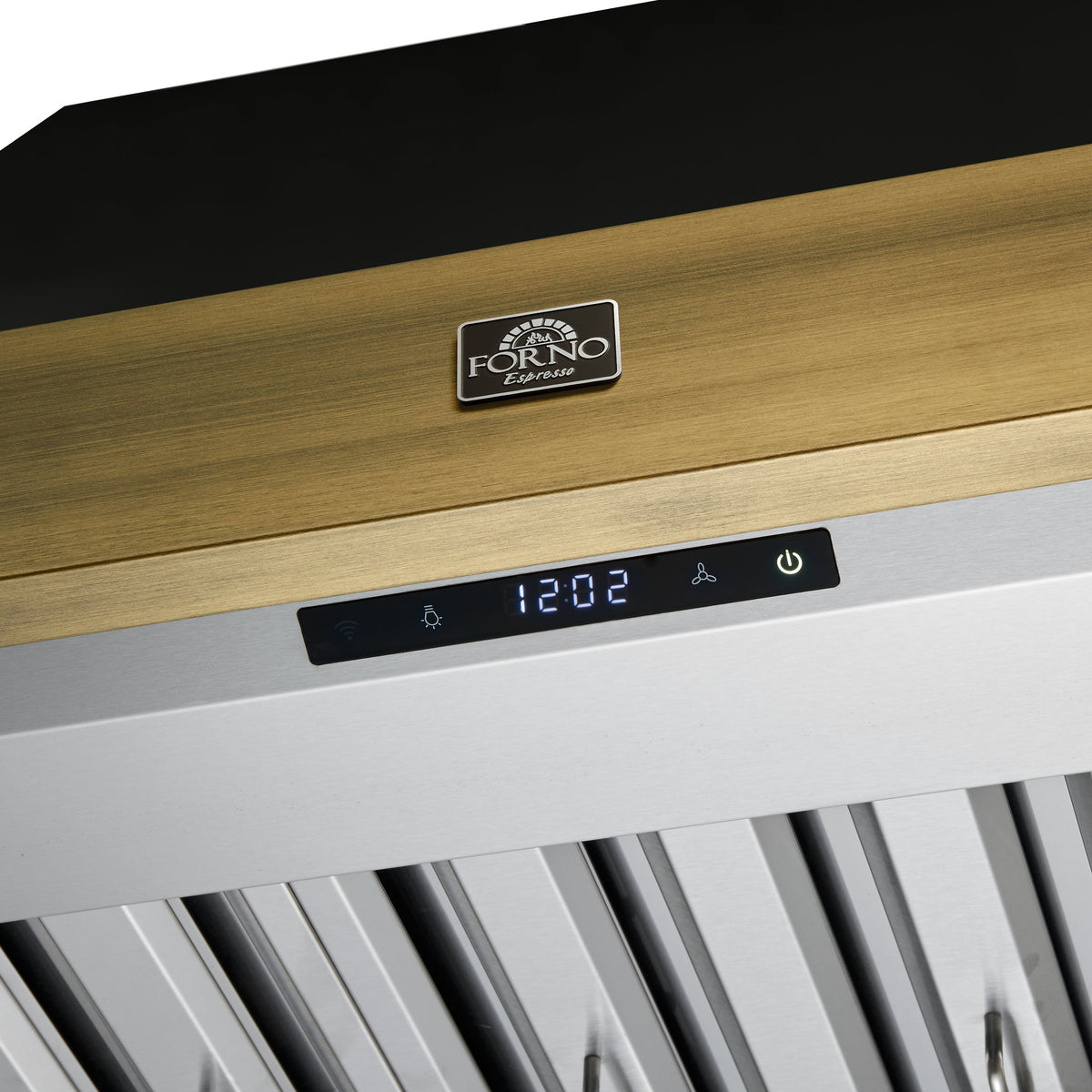 FORNO Vittorio 36-Inch Wall Mount Range Hood, 600 CFM, Black with Antique Brass Trim, Remote Control (FRHWM5078-36BLK)