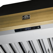 FORNO Vittorio 36-Inch Wall Mount Range Hood, 600 CFM, Black with Antique Brass Trim, Remote Control (FRHWM5078-36BLK)