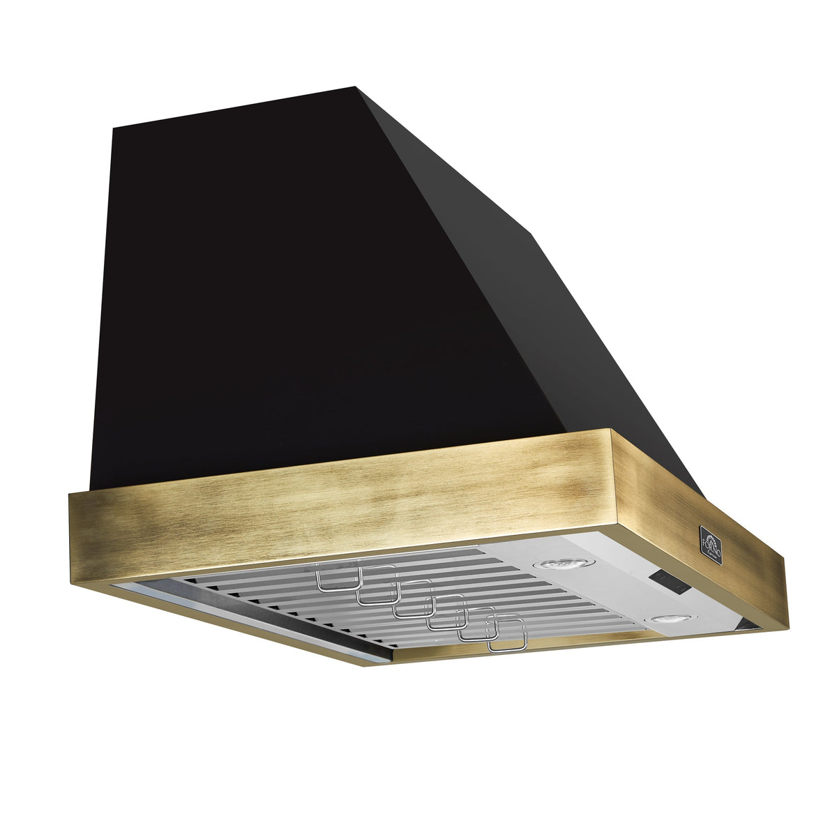 FORNO Vittorio 36-Inch Wall Mount Range Hood, 600 CFM, Black with Antique Brass Trim, Remote Control (FRHWM5078-36BLK)