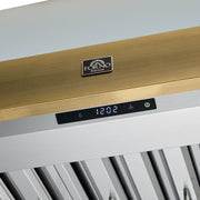Forno Vittorio 36-Inch Wall-Mount Range Hood, 600 CFM, White with Antique Brass Trim, Remote Control (Model FRHWM5078-36WHT)